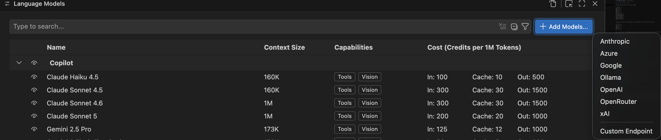 VS Code Add Models menu with Custom Endpoint selected