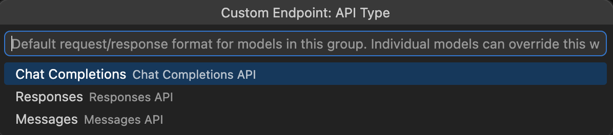 VS Code custom endpoint API type prompt