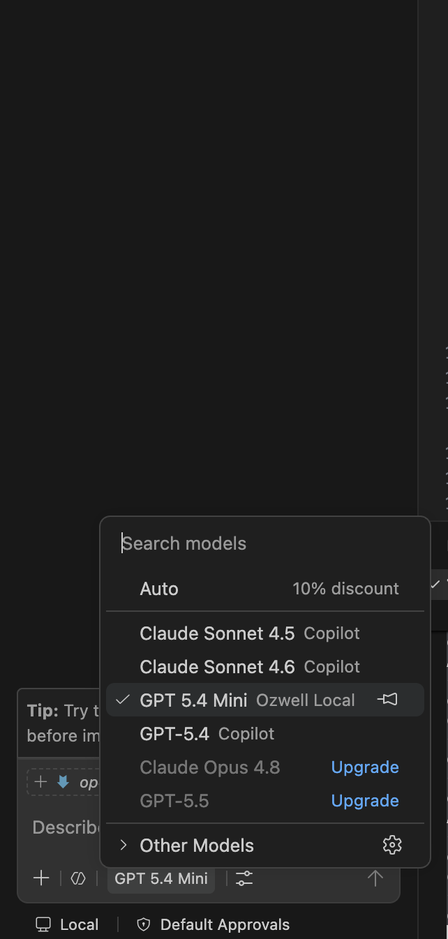 VS Code model picker with Ozwell model selected
